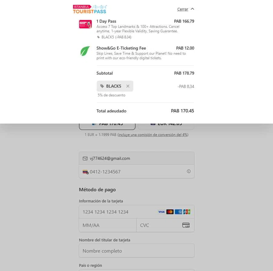 Istanbul Tourist Pass checkout page showing Istanbul Tourist Pass discount code box | Screenshot taken by SimplyCodes community member on Nov 20, 2025