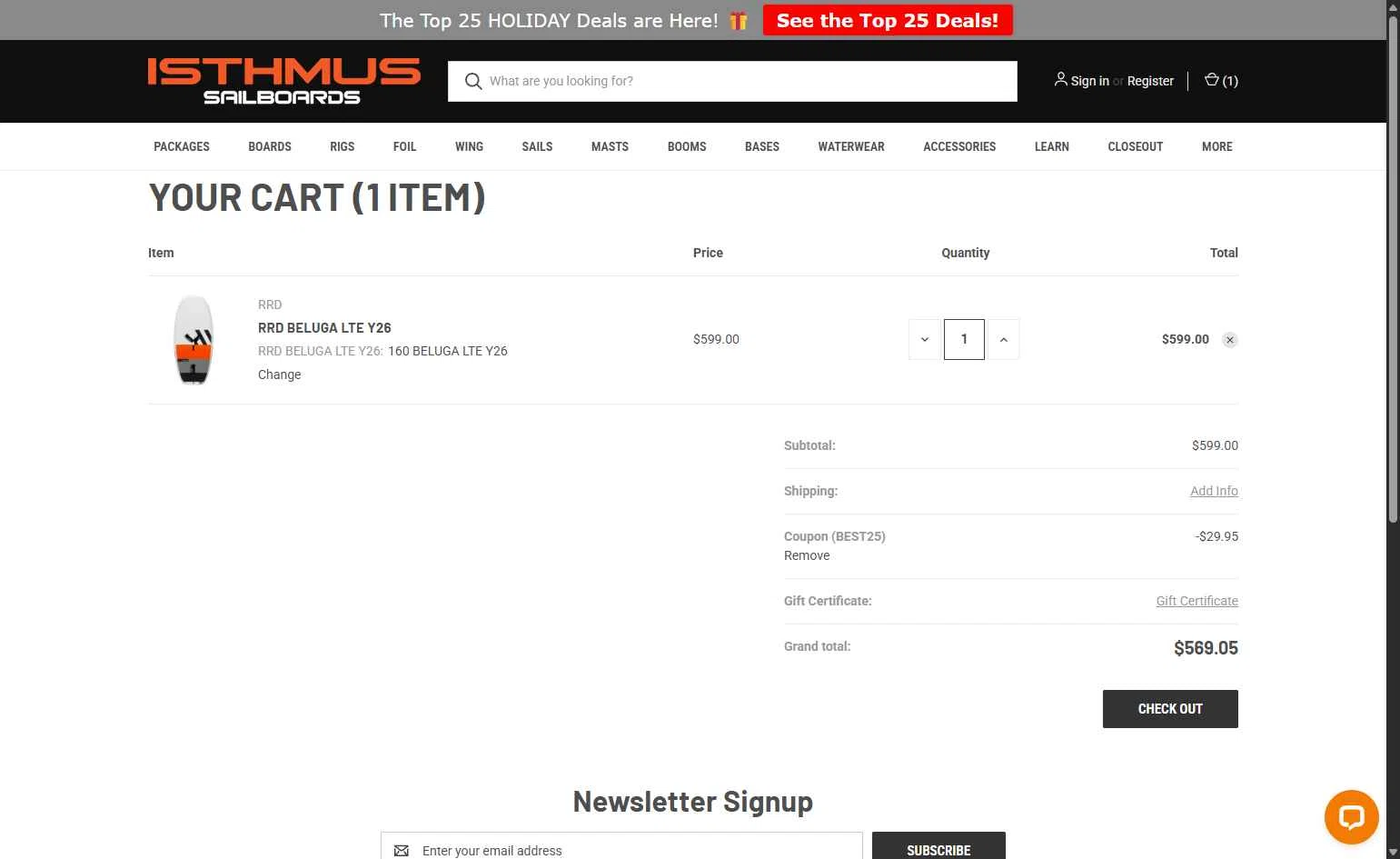 Isthmus Sailboards checkout page showing Isthmus Sailboards discount code box | Screenshot taken by SimplyCodes community member on Dec 9, 2025