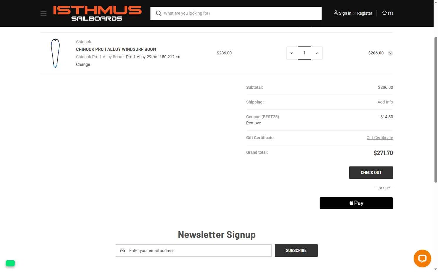 Isthmus Sailboards checkout page showing Isthmus Sailboards discount code box | Screenshot taken by SimplyCodes community member on Oct 12, 2025