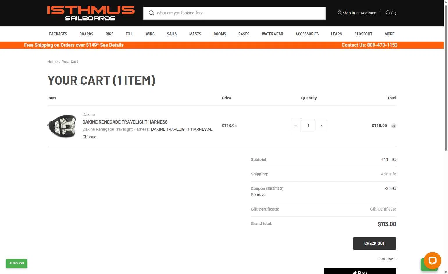 Isthmus Sailboards checkout page showing Isthmus Sailboards discount code box | Screenshot taken by SimplyCodes community member on Nov 10, 2025