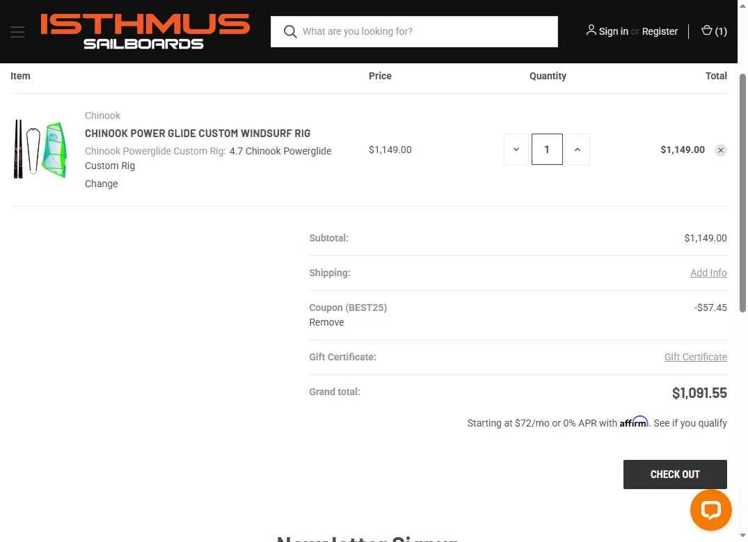Isthmus Sailboards checkout page showing Isthmus Sailboards discount code box | Screenshot taken by SimplyCodes community member on Dec 9, 2025
