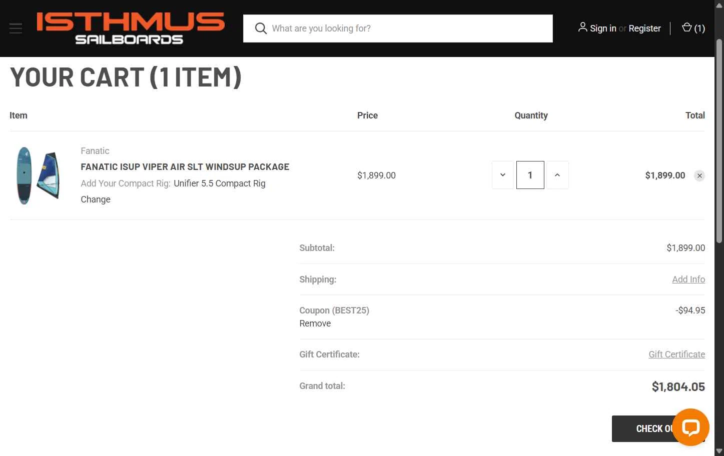 Isthmus Sailboards checkout page showing Isthmus Sailboards discount code box | Screenshot taken by SimplyCodes community member on Aug 15, 2025