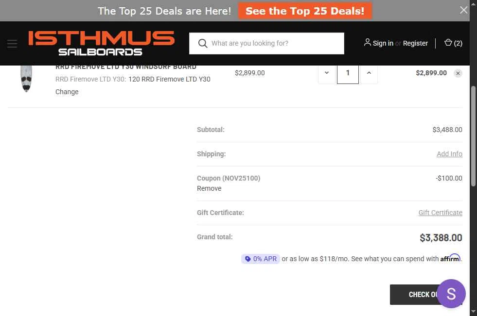 Isthmus Sailboards checkout page showing Isthmus Sailboards discount code box | Screenshot taken by SimplyCodes community member on Nov 4, 2025