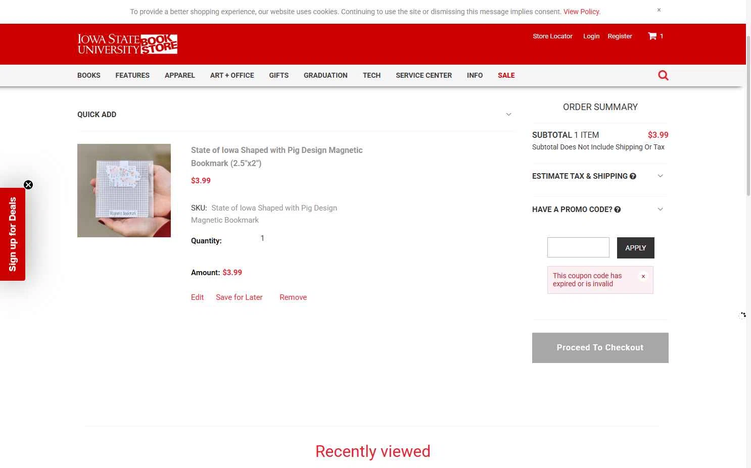 ISU Book Store checkout page showing ISU Book Store promo code box | Screenshot taken by SimplyCodes community member on May 6, 2025