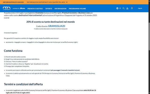 ITA Airways US checkout page showing ITA Airways US promo code box | Screenshot taken by SimplyCodes community member on Sep 25, 2025