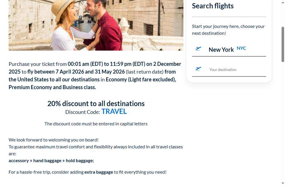 ITA Airways US checkout page showing ITA Airways US promo code box | Screenshot taken by SimplyCodes community member on Dec 4, 2025