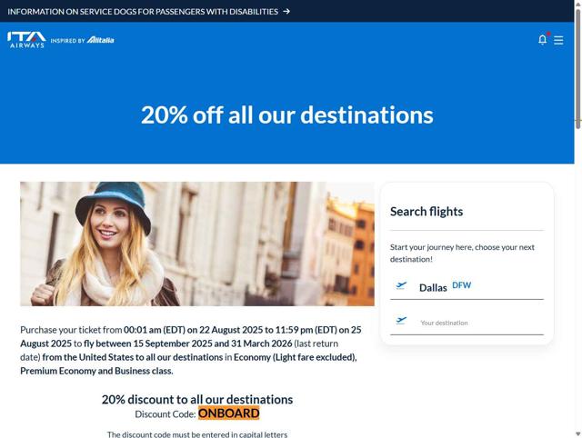 ITA Airways US checkout page showing ITA Airways US promo code box | Screenshot taken by SimplyCodes community member on Sep 12, 2025