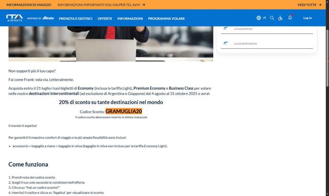 ITA Airways US checkout page showing ITA Airways US promo code box | Screenshot taken by SimplyCodes community member on Oct 5, 2025
