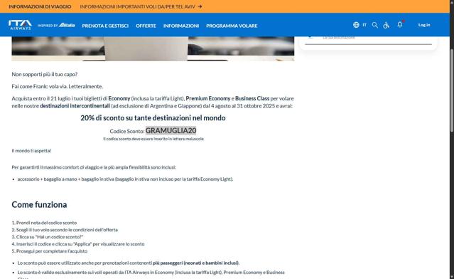 ITA Airways US checkout page showing ITA Airways US promo code box | Screenshot taken by SimplyCodes community member on Sep 7, 2025