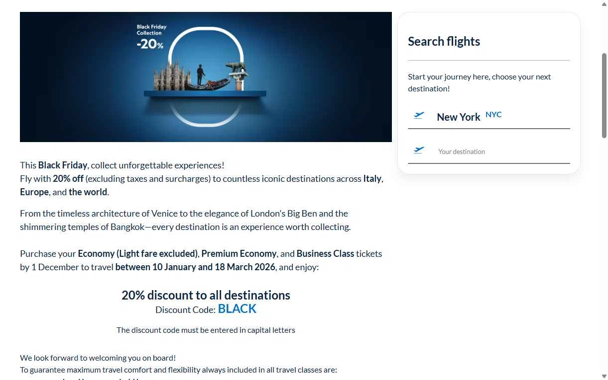 ITA Airways US checkout page showing ITA Airways US promo code box | Screenshot taken by SimplyCodes community member on Dec 17, 2025