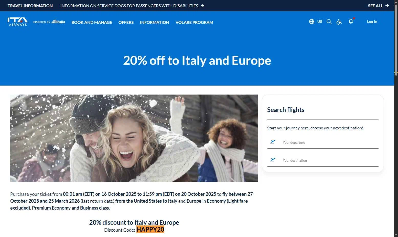 ITA Airways US checkout page showing ITA Airways US promo code box | Screenshot taken by SimplyCodes community member on Oct 16, 2025
