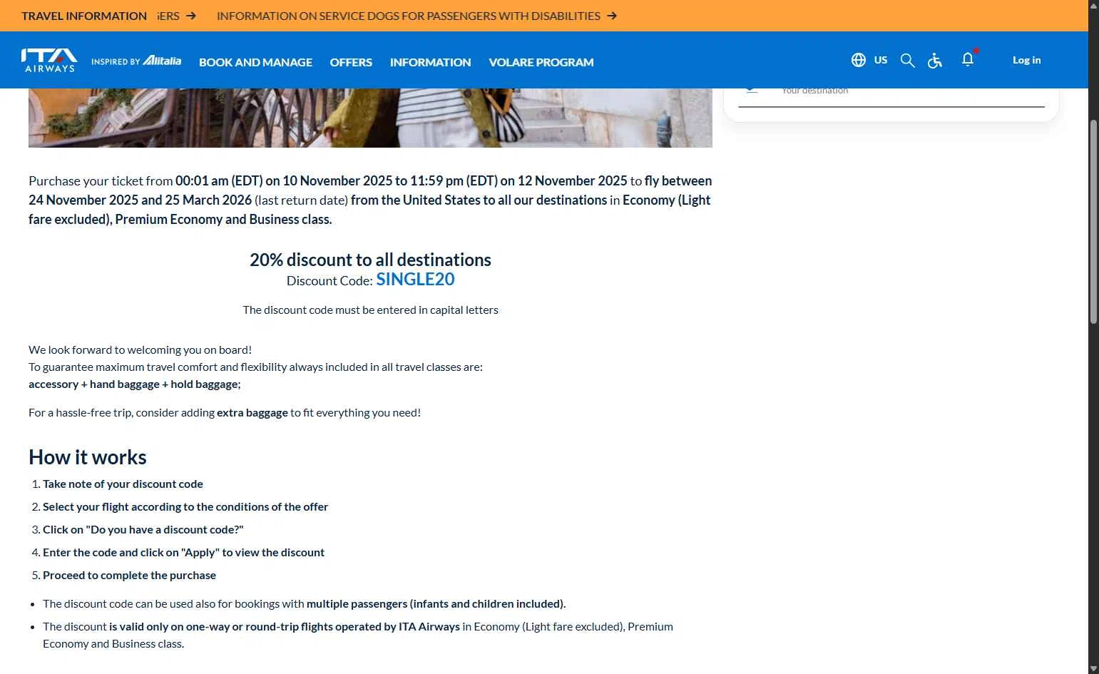 ITA Airways US checkout page showing ITA Airways US promo code box | Screenshot taken by SimplyCodes community member on Nov 18, 2025