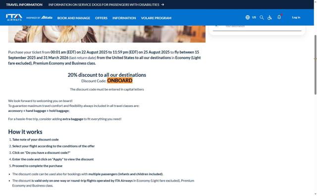 ITA Airways US checkout page showing ITA Airways US promo code box | Screenshot taken by SimplyCodes community member on Sep 3, 2025