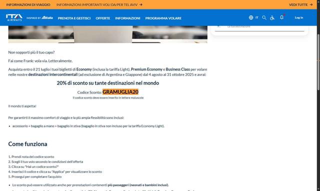 ITA Airways US checkout page showing ITA Airways US promo code box | Screenshot taken by SimplyCodes community member on Sep 15, 2025
