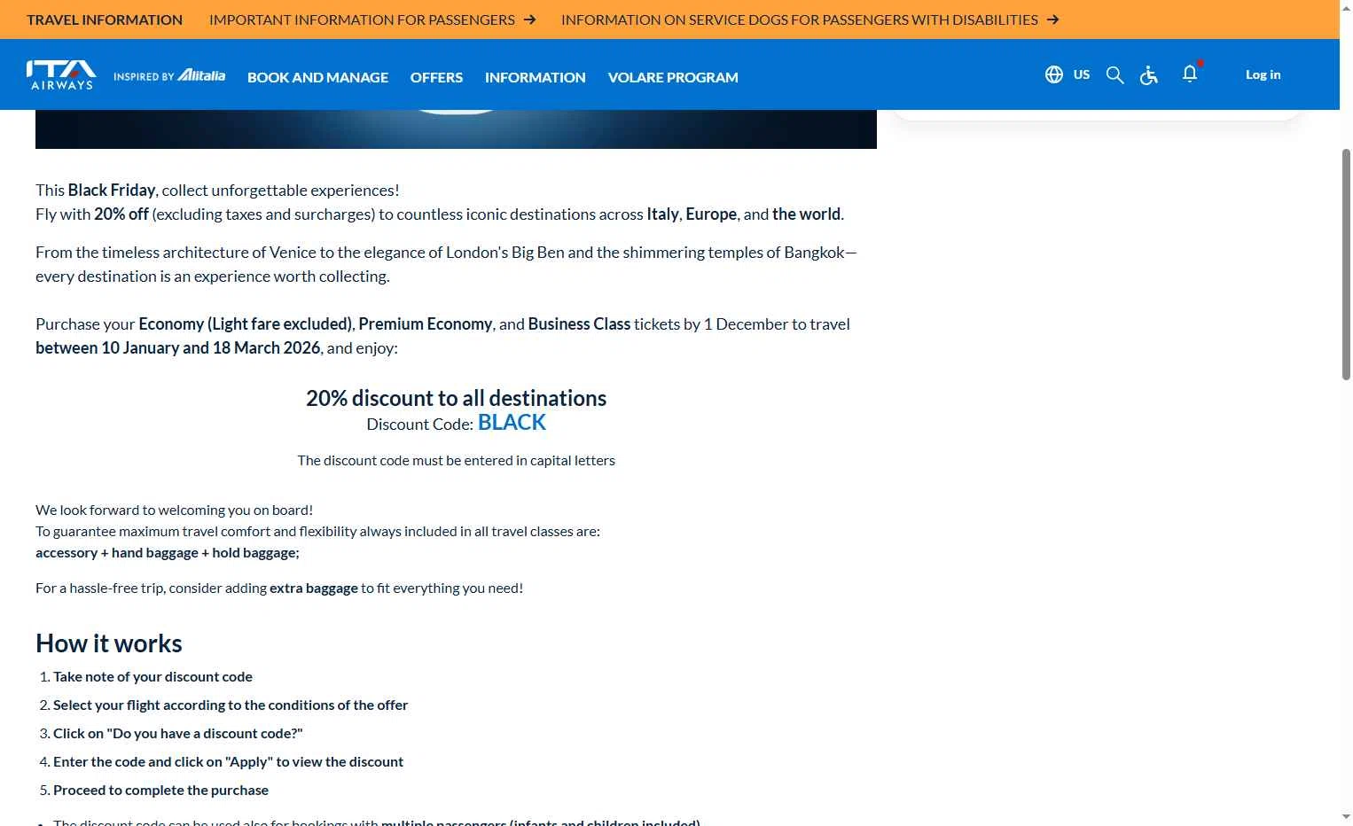 ITA Airways US checkout page showing ITA Airways US promo code box | Screenshot taken by SimplyCodes community member on Dec 2, 2025
