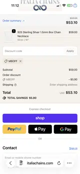 Italia Chains coupon verification screenshot