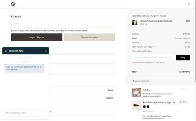 Italic checkout page showing Italic promo code box | Screenshot taken by SimplyCodes community member on Aug 25, 2025