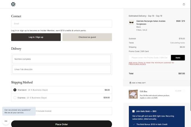 Italic checkout page showing Italic promo code box | Screenshot taken by SimplyCodes community member on Sep 14, 2025