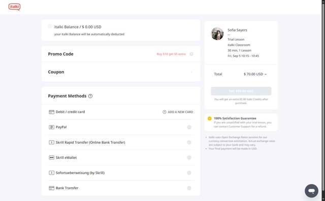 italki checkout page showing italki promo code box | Screenshot taken by SimplyCodes community member on Aug 28, 2025