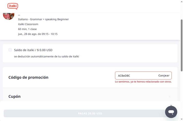 italki checkout page showing italki promo code box | Screenshot taken by SimplyCodes community member on Aug 24, 2025