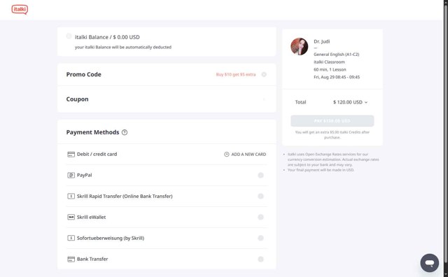 italki checkout page showing italki promo code box | Screenshot taken by SimplyCodes community member on Aug 24, 2025