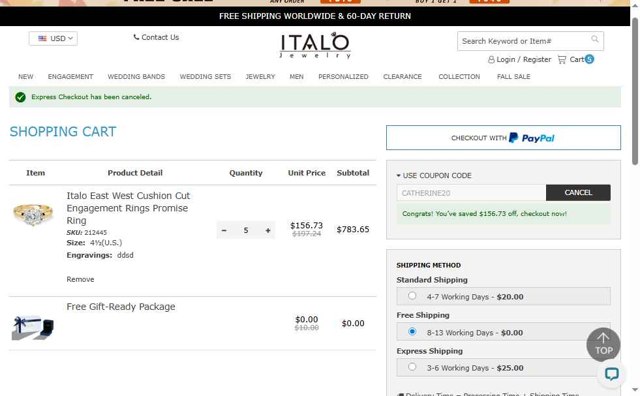 Italo Jewelry checkout page showing Italo Jewelry coupon code box | Screenshot taken by SimplyCodes community member on Sep 3, 2025