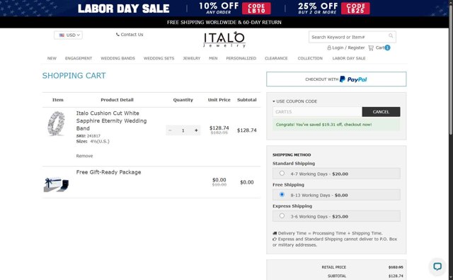 Italo Jewelry checkout page showing Italo Jewelry coupon code box | Screenshot taken by SimplyCodes community member on Aug 29, 2025