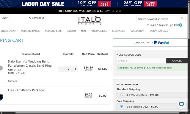 Italo Jewelry checkout page showing Italo Jewelry coupon code box | Screenshot taken by SimplyCodes community member on Aug 29, 2025