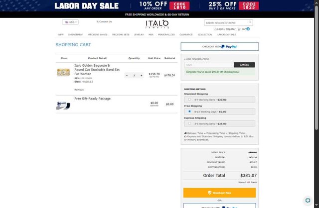 Italo Jewelry checkout page showing Italo Jewelry coupon code box | Screenshot taken by SimplyCodes community member on Aug 25, 2025