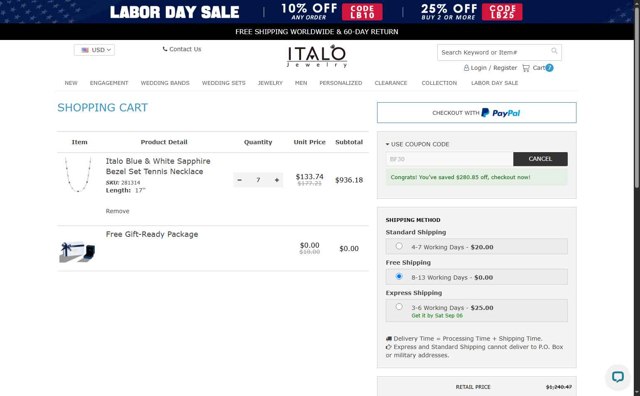 Italo Jewelry checkout page showing Italo Jewelry coupon code box | Screenshot taken by SimplyCodes community member on Aug 27, 2025