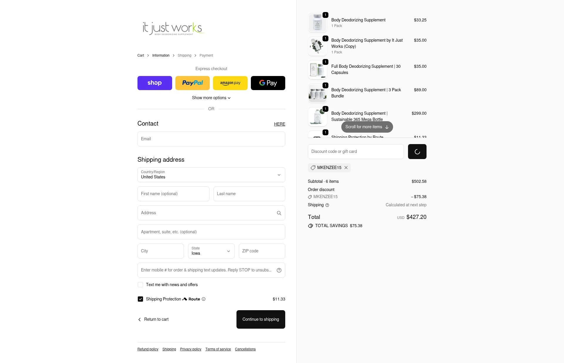It Just Works Deodorant checkout page showing It Just Works Deodorant discount code box | Screenshot taken by SimplyCodes community member on Feb 20, 2026
