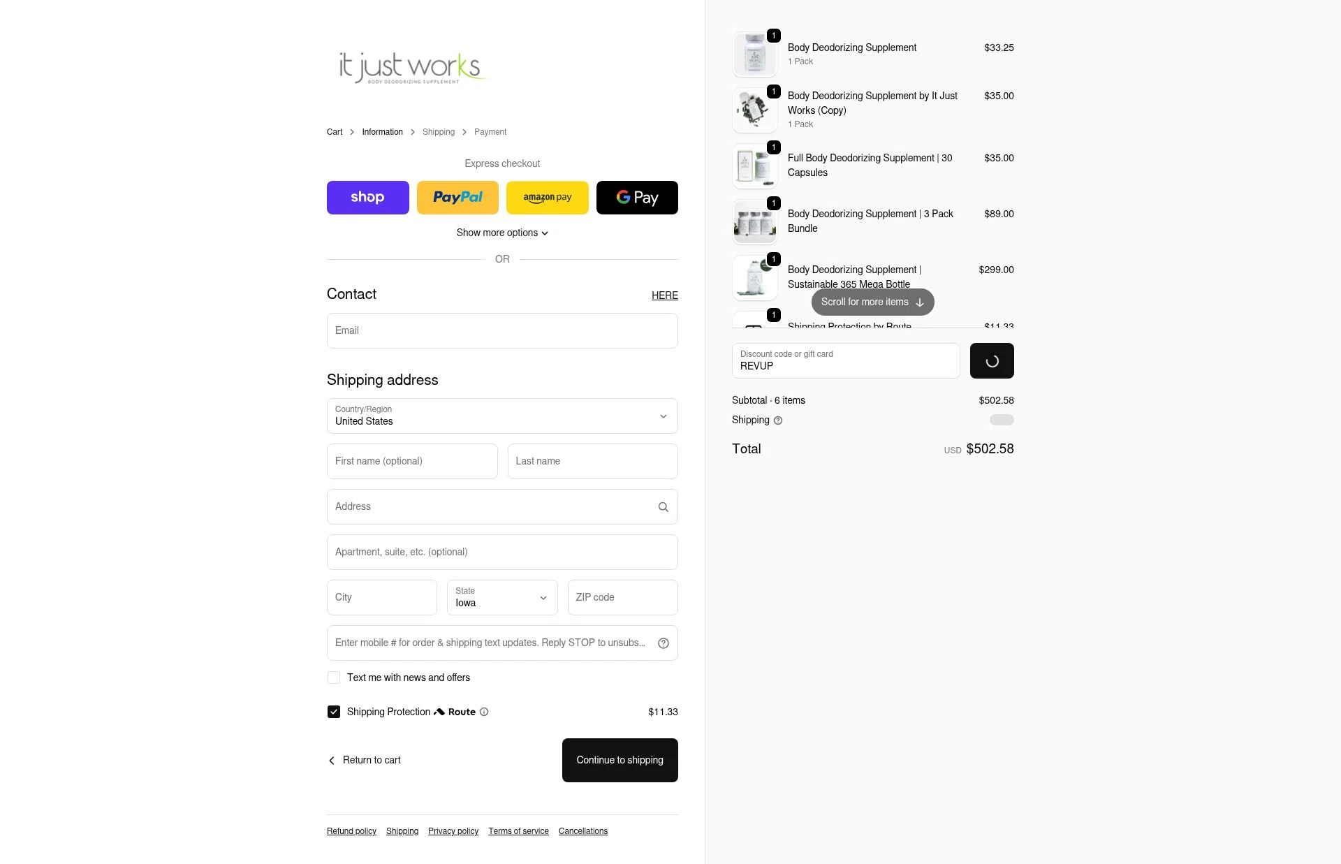 It Just Works Deodorant checkout page showing It Just Works Deodorant discount code box | Screenshot taken by SimplyCodes community member on Feb 20, 2026