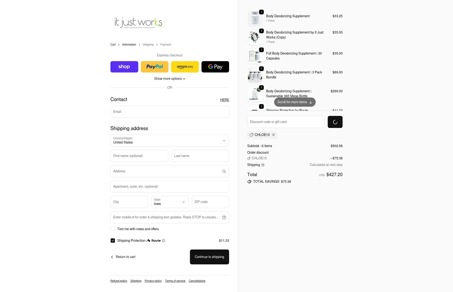 It Just Works Deodorant checkout page showing It Just Works Deodorant discount code box | Screenshot taken by SimplyCodes community member on Feb 20, 2026