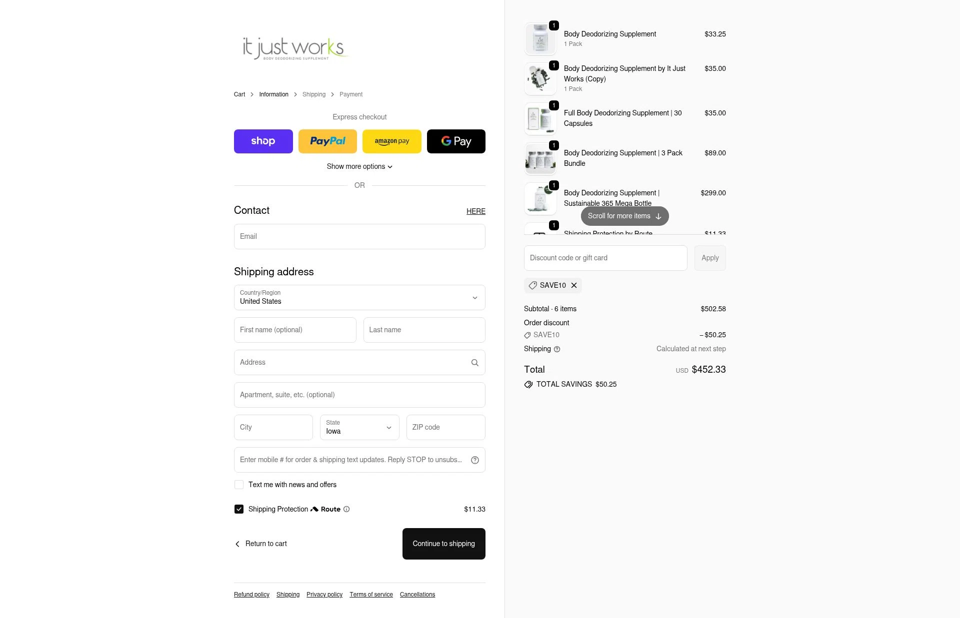 It Just Works Deodorant checkout page showing It Just Works Deodorant discount code box | Screenshot taken by SimplyCodes community member on Feb 20, 2026
