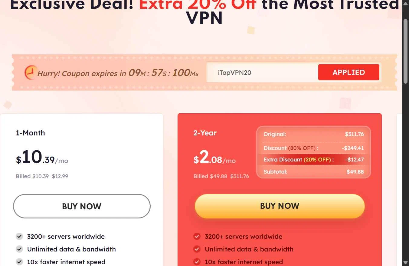 iTop VPN checkout page showing iTop VPN discount code box | Screenshot taken by SimplyCodes community member on Jan 27, 2026