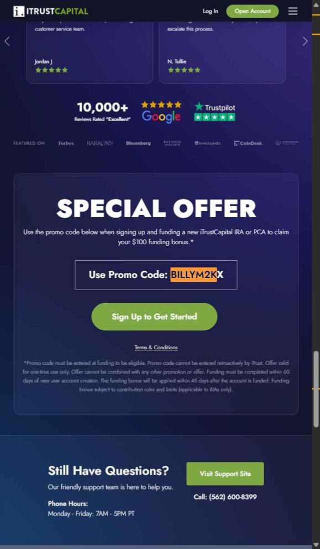 iTrustCapital checkout page showing iTrustCapital promo code box | Screenshot taken by SimplyCodes community member on Aug 23, 2025