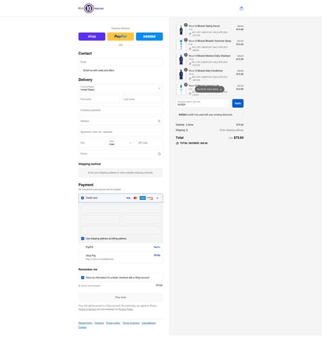 It's A 10 checkout page showing It's A 10 coupon code box | Screenshot taken by SimplyCodes community member on Aug 31, 2025