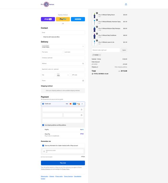 It's A 10 checkout page showing It's A 10 coupon code box | Screenshot taken by SimplyCodes community member on Aug 27, 2025