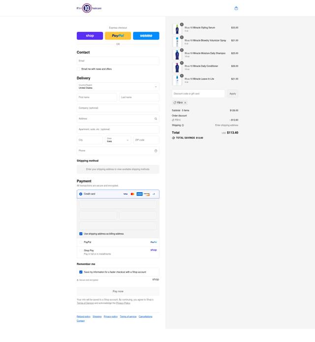 It's A 10 checkout page showing It's A 10 coupon code box | Screenshot taken by SimplyCodes community member on Sep 4, 2025