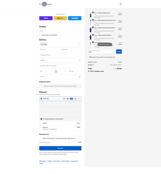 It's A 10 checkout page showing It's A 10 coupon code box | Screenshot taken by SimplyCodes community member on Aug 31, 2025