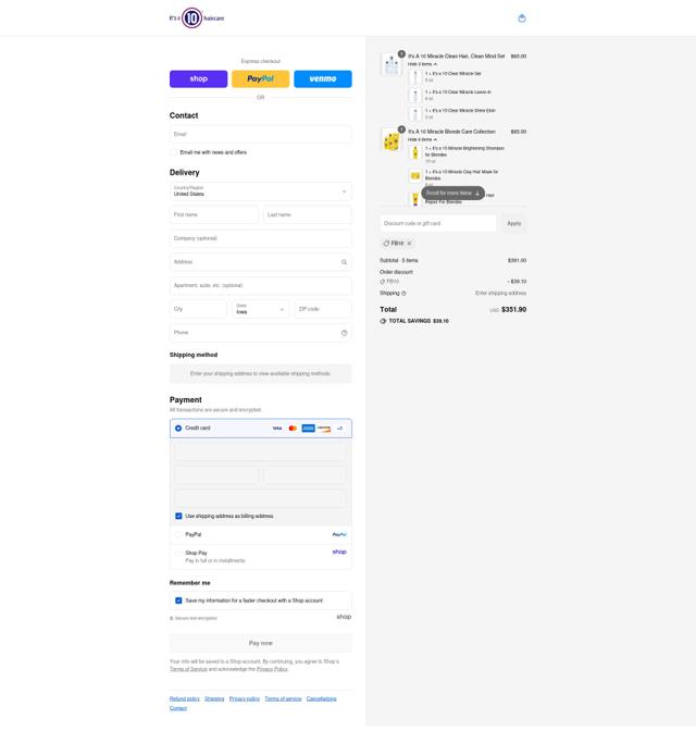 It's A 10 checkout page showing It's A 10 coupon code box | Screenshot taken by SimplyCodes community member on Sep 8, 2025