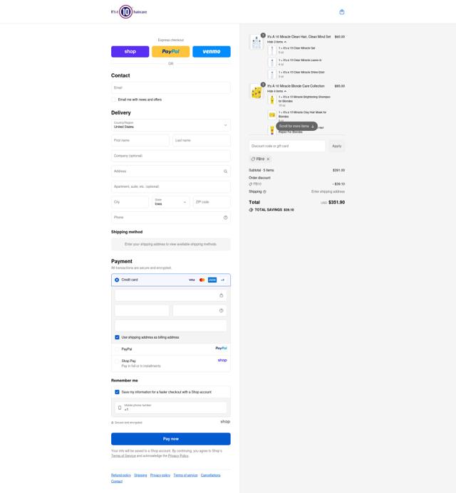 It's A 10 checkout page showing It's A 10 coupon code box | Screenshot taken by SimplyCodes community member on Sep 12, 2025