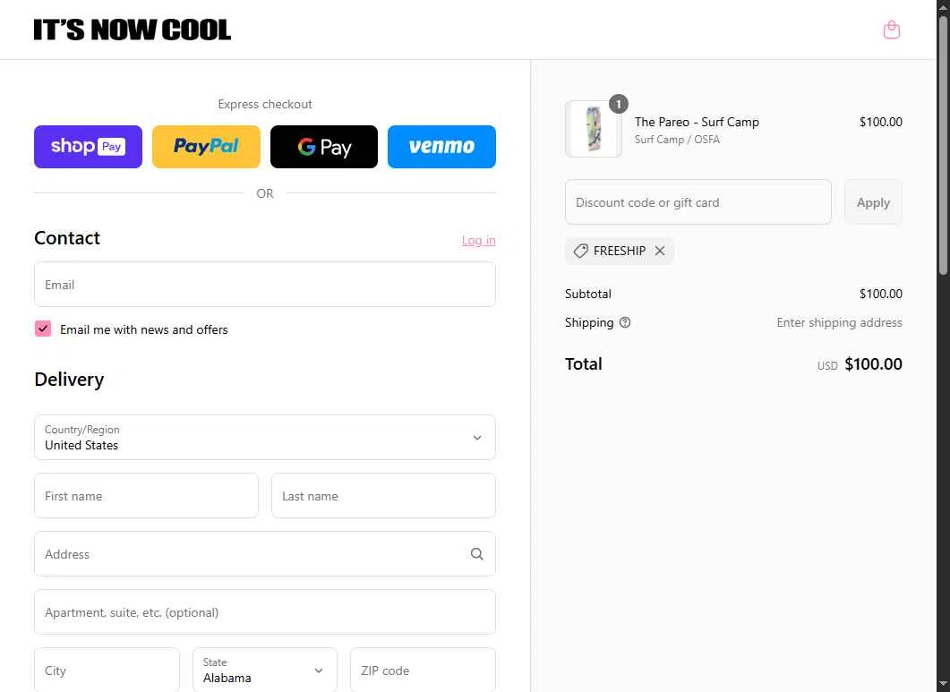 It's Now Cool checkout page showing It's Now Cool discount code box | Screenshot taken by SimplyCodes community member on Jun 18, 2025