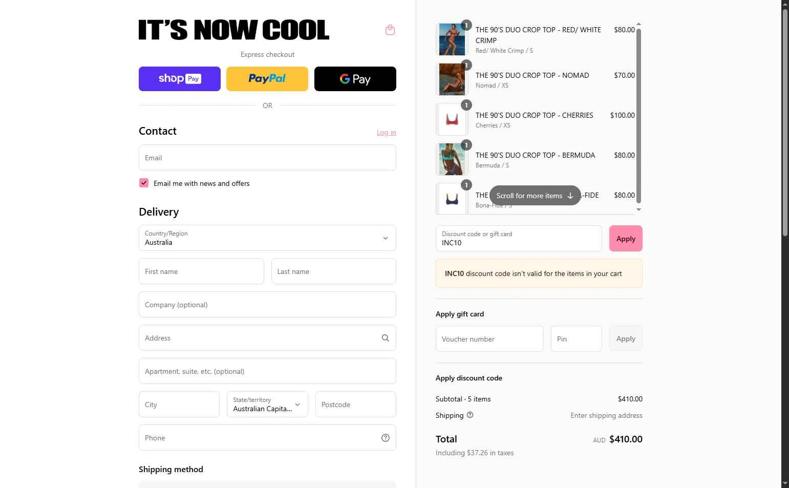 It's Now Cool checkout page showing It's Now Cool discount code box | Screenshot taken by SimplyCodes community member on Aug 13, 2025