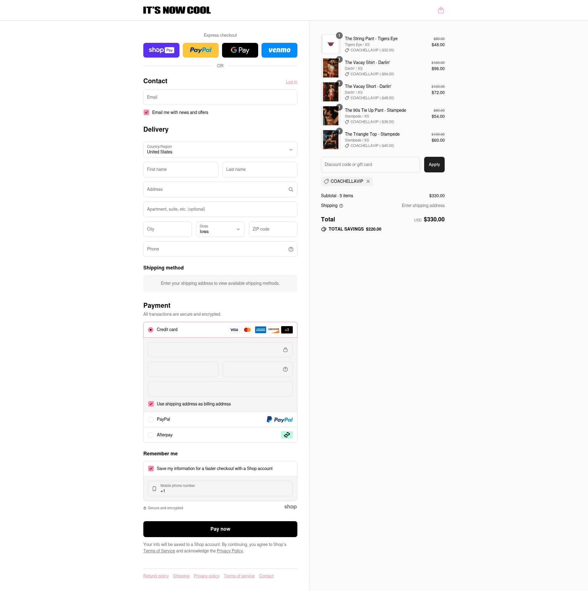 It's Now Cool checkout page showing It's Now Cool discount code box | Screenshot taken by SimplyCodes community member on Aug 4, 2025