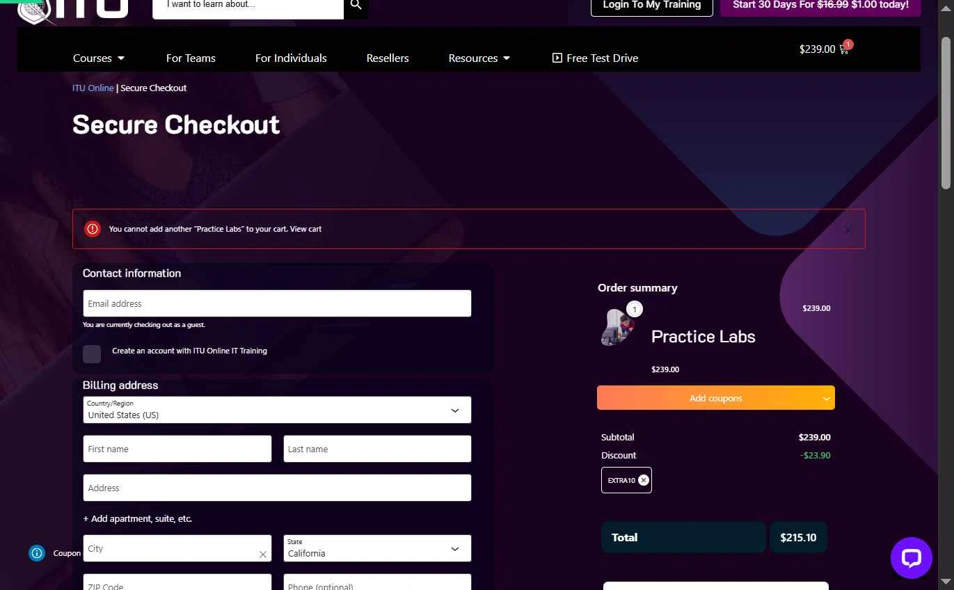 ITU Online checkout page showing ITU Online coupon code box | Screenshot taken by SimplyCodes community member on Oct 15, 2025