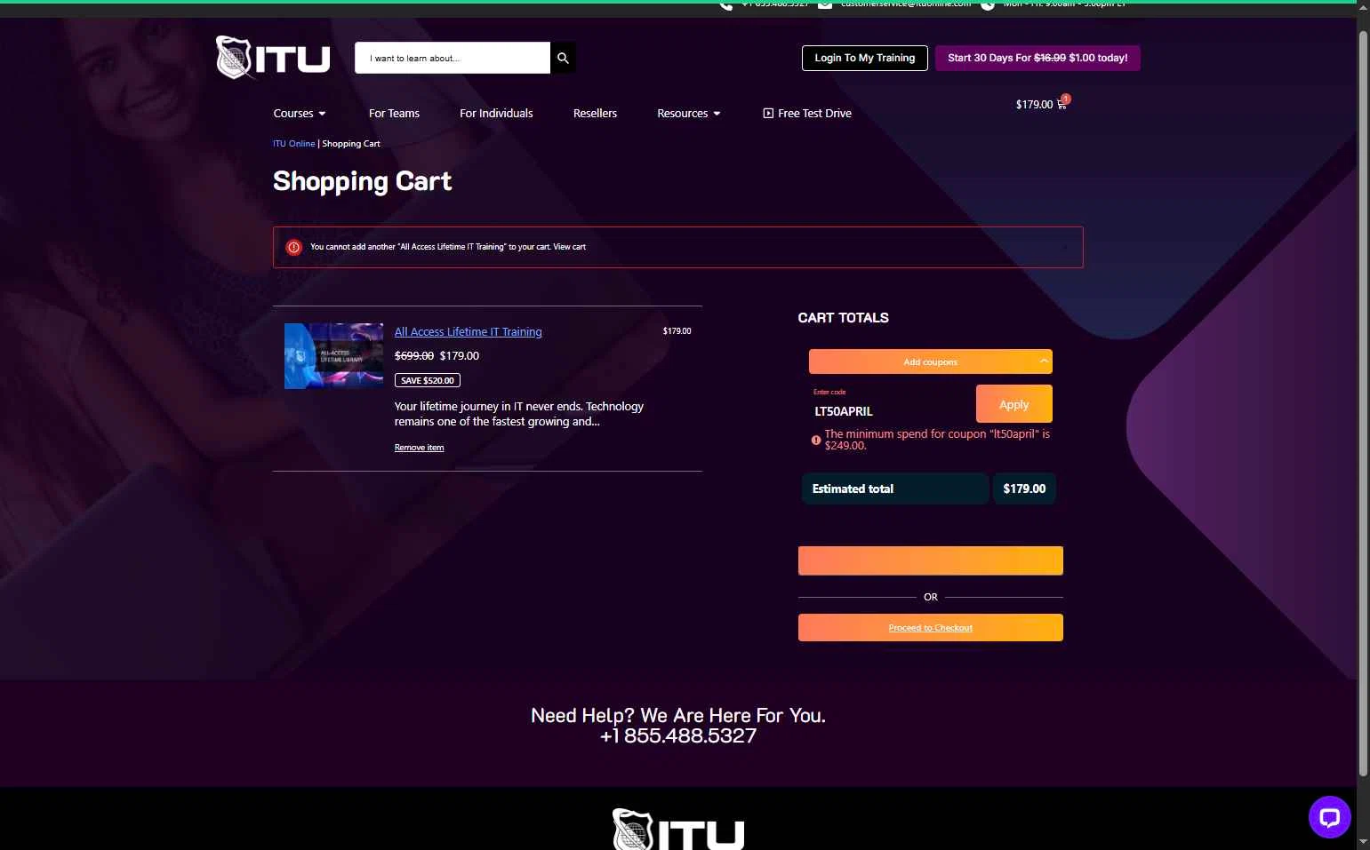 ITU Online checkout page showing ITU Online coupon code box | Screenshot taken by SimplyCodes community member on Oct 19, 2025