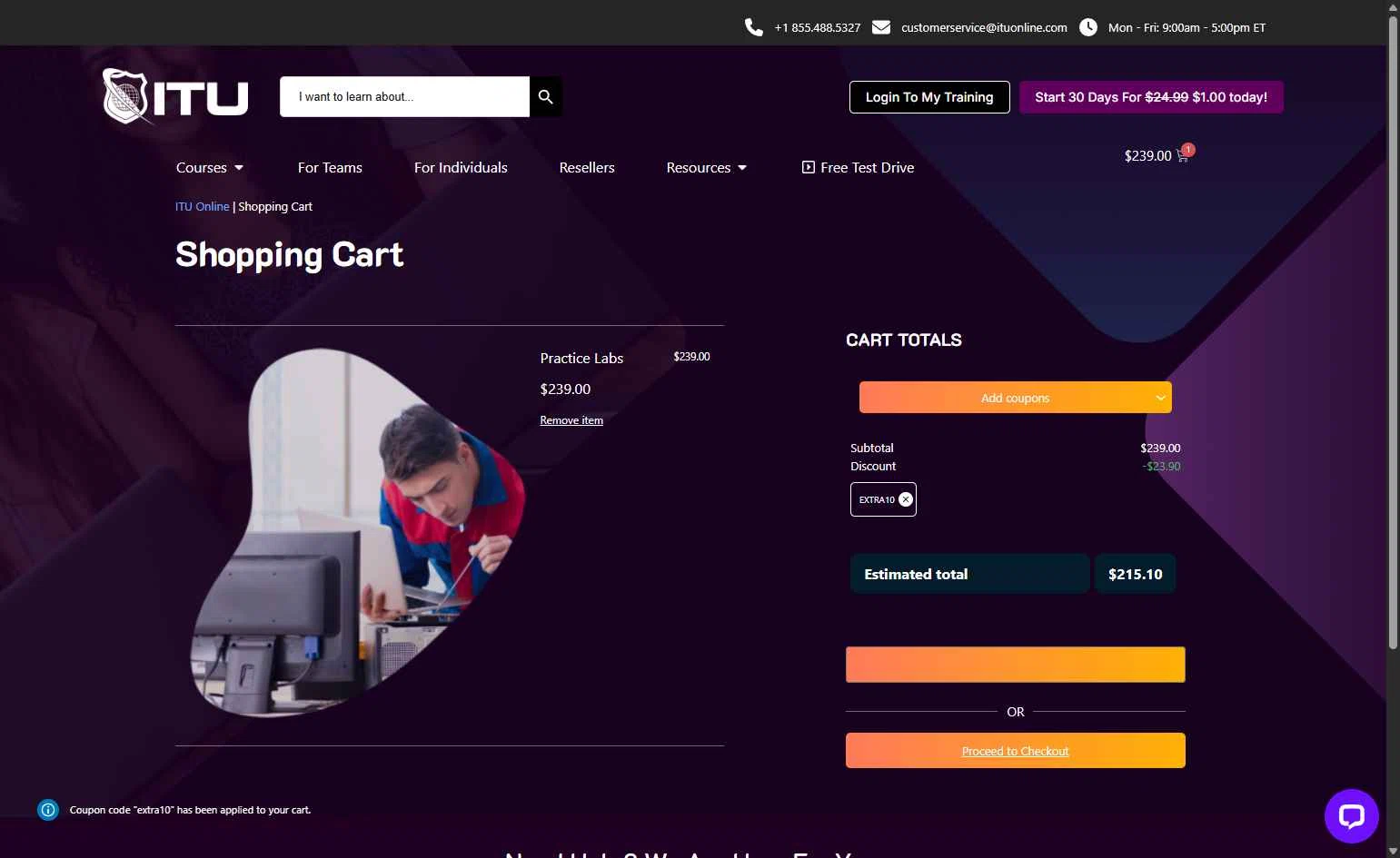 ITU Online checkout page showing ITU Online coupon code box | Screenshot taken by SimplyCodes community member on Dec 12, 2025