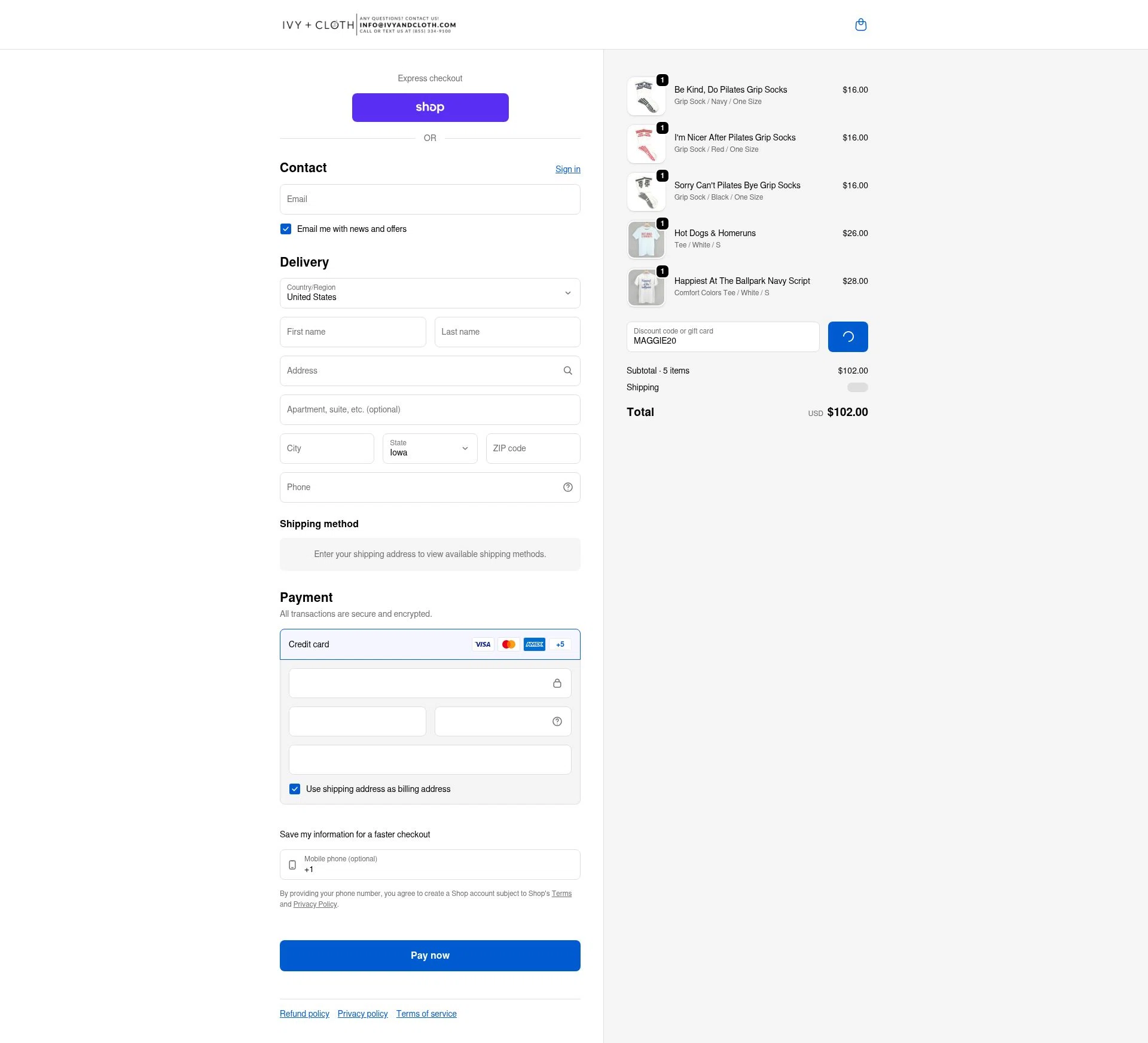 Ivy + Cloth checkout page showing Ivy + Cloth discount code box | Screenshot taken by SimplyCodes community member on Feb 18, 2026