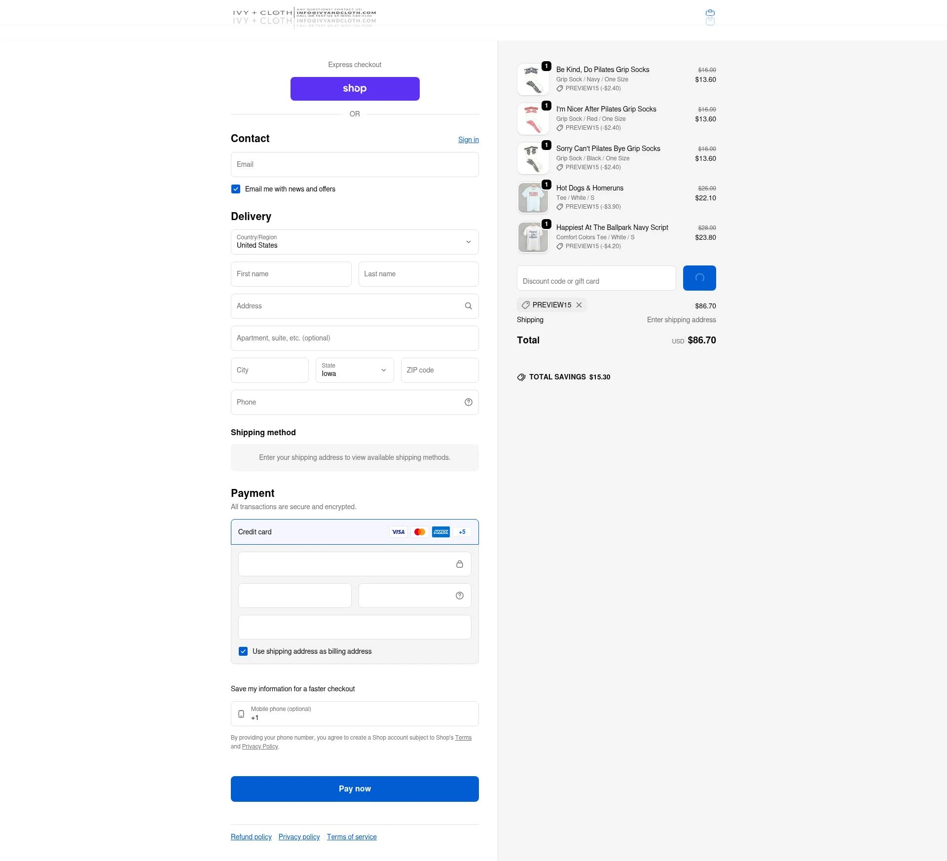 Ivy + Cloth checkout page showing Ivy + Cloth discount code box | Screenshot taken by SimplyCodes community member on Feb 18, 2026